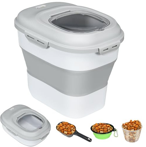 PawHut Boîte de rangement de nourriture pour chien - 25 l - Pliable - Avec verre doseur - Bol - Cuillère pour chien - Boîte de rangement avec roulettes - Pour nourriture sèche - Gris