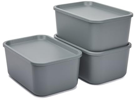 Iris Ohyama, 3er-Set Kunststoff-Aufbewahrungsboxen mit nicht-klippbarem Deckel, Stapelbar, für Küche, Bad, Schlafzimmer, Ankleidezimmer, Büro, Solide und Langlebige Organisation, SNL-S