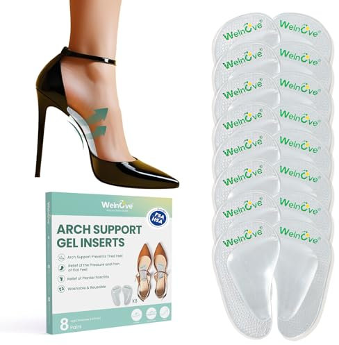 Arch Support Inserts Flat Feet - Welnove 8-Pair Gel Arch Support Insoles for Plantar Fasciitis, Foot Pain Fatigue Relief - Soft Arch Support Heel Pads Adhesive Fit Most Shoes, Men Women, 0.47 Height