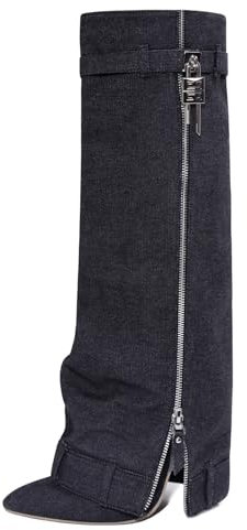 HIKKWXVN Stivali Alti Fino al Ginocchio con Polpaccio Largo e Punta a Punta da Donna, Comodi Stivali in Jeans con Tacco Medio, Stivali alla Moda Autunno Inverno a metà Polpaccio,Nero,43 EU