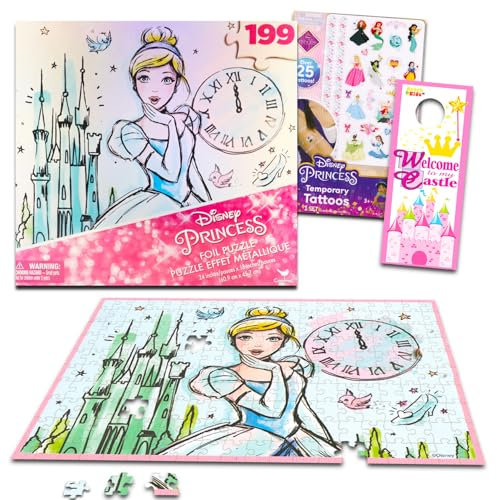 Aschenputtel-Puzzle-Set – Bündel mit 199-teiligem Aschenputtel-Puzzle plus Tattoos, mehr | Disney Prinzessin Aschenputtel-Puzzle für Teenager, Erwachsene