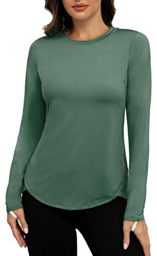 PINSPARK Beach Shirts Women UPF 50+ Rashguard Shirt Casual Long Sleeve Crewneck Gym Tops Outdoor Yoga Running T-Shirt for Ladies Winter Dark Green XXL