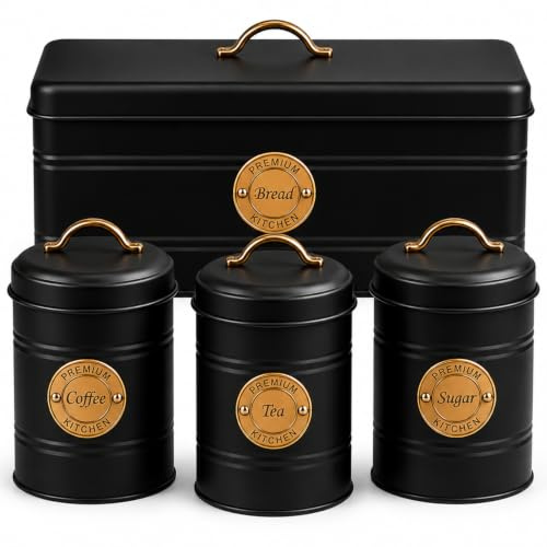 Tea Coffee Sugar Biscuits & Bread Storage Canister Set, 4pc Kitchen Storage Jar Set, Labelled Containers with Lid (Black/Copper, 4 Pieces)
