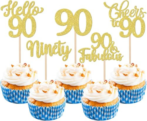 30 Stück 90th Geburtstag Tortendeko Glitzer Hello 90 Cheers to 90 Cupcake Toppers 90 & Fabulous Ninety Kuchen Deko für Prost auf 90 Geburtstag Jahrestag Party Kuchen Dekoration Gold