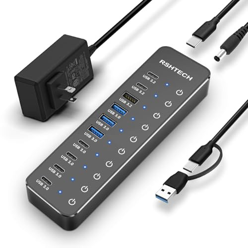 RSHTECH 10-Port Powered USB 3.2/USB C Data Hub Splitter 60W, RSH-ST10C-6
