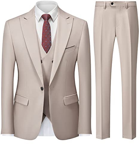 MODFUL Costume 3 pièces pour homme - Coupe ajustée - Avec un bouton - Blazer de mariage - Gilet et pantalon, beige, XXL