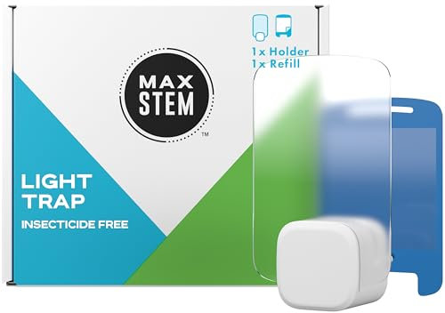 MAX STEM Light Trap, Insecticide Free Fly Catcher, Indoor Fly & Fruit Fly Trap, 24/7 Protection Against Flies, Fruit Flies & Moths, Pet & Child Safe, 1 Kit (1 Plug in Device + 1 Double Sided Refill)