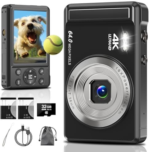 4K 64MP Digital Camera,2.8 UHD Compact Cameras with 16X Digital Zoom, Autofocus Rechargeable Vlogging Cameras with 1200mAh Battery, 32GB Card, Portable Camera for Teens Students Kids Boys Girls