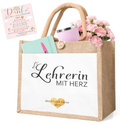 iZoeL Dankeschön Geschenk Jutetasche Lehrerin mit Herz, abschiedsgeschenk Danke Geschenk für Erzieherin Lehrerin Jute Handtasche mit Danke Grußkarte Geschenkbox