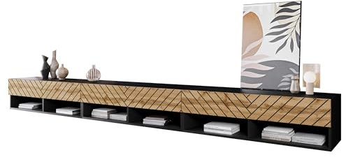 Mirjan24 TV Lowboard Jumbo 300 MDF, TV Schrank Fernsehschrank, Griffloses Öffnen, Fernsehtisch, Man kann aufstellen BZW aufhängen (Schwarzer Graphit/Wotan Fischgrät, mit LED Beleuchtung)