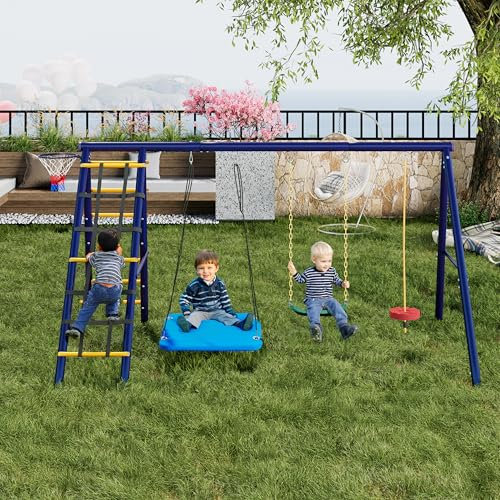 Jaxenor Schaukel Outdoor mit Gestell, Schaukelgestell Outdoor mit 3 Schaukeln, Gartenschaukel Kinder mit Klettergerüst und Basketballkorb, Schaukelgerüst, Antique Blue