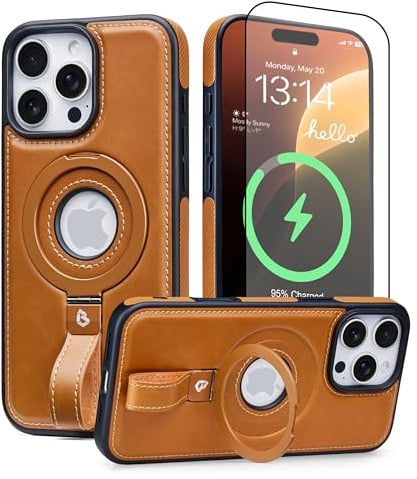 BUTAIGA Magnetic Ring Grip Holder for iPhone 12 Pro Max Case Leather | iPhone 12 Pro Max Leather Case with Stand | Compatible with MagSafe (Brown, IP12 Pro Max-6.7inch)