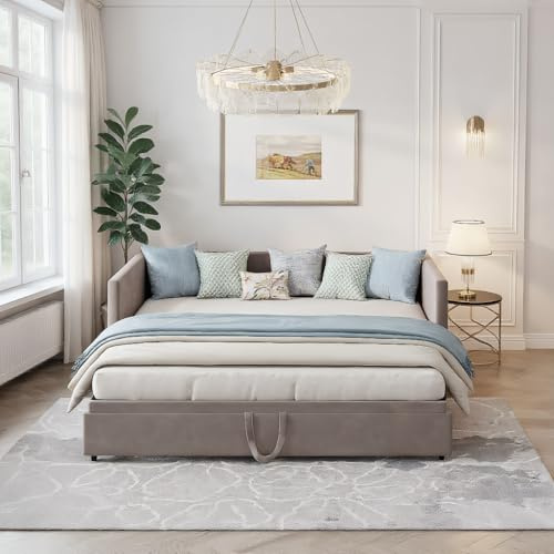 MISNODE Schlafsofa 90/180x200 cm Ausziehbar, Polsterbett Tagesbett mit Ausziehbett und Gästebett, Samt Schlafcouch 2‑Sitzer zum Doppelbett Ausziehbar, Bettsofa für Wohnzimmer/Gästezimmer, Grau