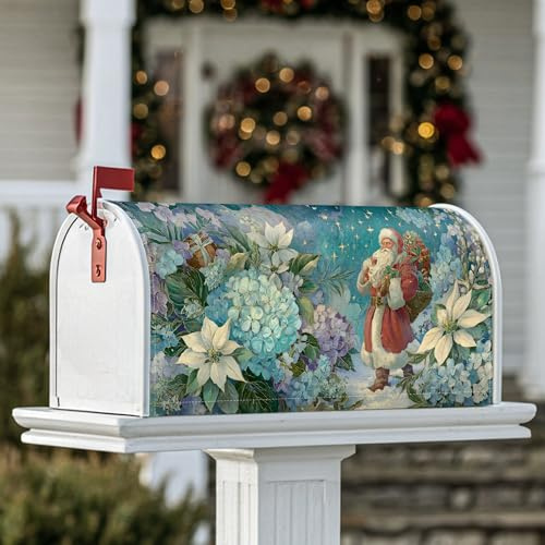 Magnetische Briefkastenabdeckungen, Weihnachtsstern, Hortensien, Weihnachten, blau, saisonale Briefkasten-Abdeckung für den Außenbereich, Gartendekoration, 53,3 x 65,5 cm
