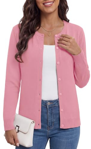 BEIGAI Cardigan léger pour femme - Couleur unie - Tricoté - Manches longues - Avec boutons - Doux et élégant - Col rond - Décontracté - Veste de mi-saison, rose clair, S