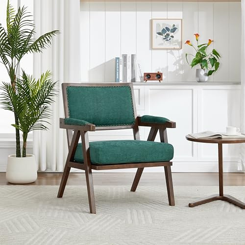 IHO SOFA Mid-Century Modern Loungesessel mit Massivholz Rahmen & gepolsterten Armlehnen in Leinen | Einzelner Sofasessel, Relaxsessel, Polstersessel für Wohnzimmer, Schlafzimmer, Grün
