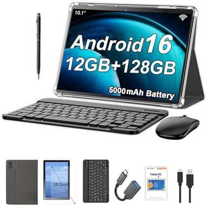 Crelander 10.1 Inch Android 16 Tablet, 12 GB + 128 GB Android Tablet, 5000 mAh Battery, 1280 x 800 Touchscreen, Bluetooth/WiFi, Bundle with Case, Keyboard, Mouse & Stylus (Grey)