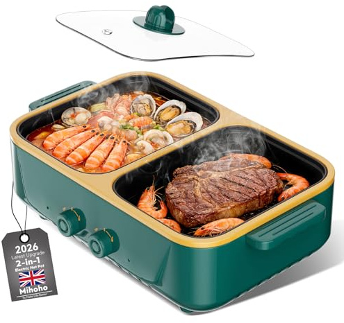 2-in-1 Electric Hot Pot and Grill Combo,1000W Dual Temper Control, Fast Heating - Indoor Cooking Appliance for BBQ, Steaks, Noodles & More - Suitable for Up to 3 People (Dark Green)