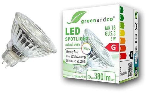 greenandco CRI 90+ MR16 GU5.3 LED Spot | 6W 380 lm | 4000K neutralweiß | 36° 12V AC/DC | nicht dimmbar