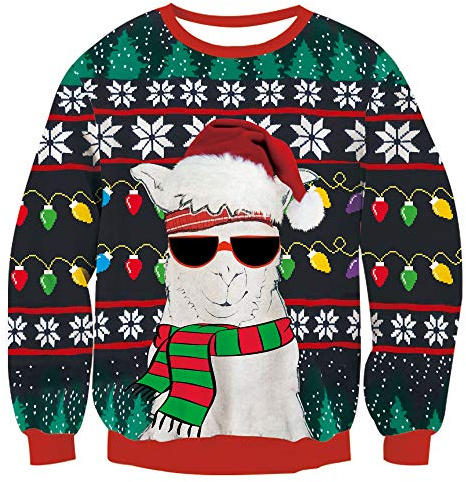 TUONROAD Unisex Männer Damen Ugly Christmas Sweater Lustige Sonnenbrille Alpaka Langarm Weihnachten Pullover Urlaub Party XL