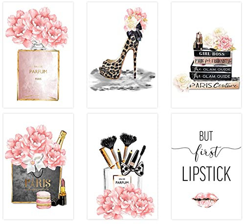 6 Stück Glam rosa Wanddekoration Parfümflasche Buch Haute Couture Design Wandkunst, Art und Weisefrauen Leinwand Kunstdrucke, Stilvolles Bilder Leinwand Kunstdruck Wanddeko (8''x12''ungerahmt)