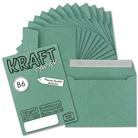 50x Vintage Umschläge in Eukalyptus (grün) - DIN B6 125 x 176 mm - 120 g/m² Kraftpapier Recycling Umschläge Haftklebung - GUSTAV NEUSER