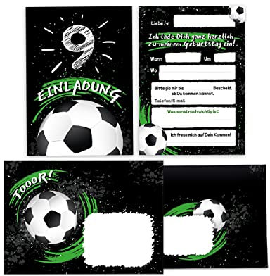 Junapack 12 Einladungskarten incl. 12 Umschläge zum 9. Kindergeburtstag neunte Geburtstag Jungen Fussball Fußball
