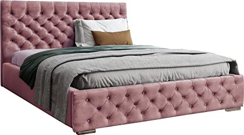 WFL GROUP Samtstoff Polsterbett Doppelbett 140x200 160x200 180x200 cm Bettgestell Mit Bettkasten Lattenrost und Gestepptes Kopfteil - Hydrophobe Stoff - Chesterfield-Stil - Rosa - 160 x 200 cm