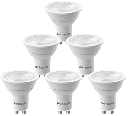 paul russells LED GU10 – Dimmable Fittings Frosted Spot Lightbulbs, 4.5W 345 Lumens LED Bulbs, 50w Equivalent, 6500K Daylight Bright White, Dimmer Energy Saving 38° Ceiling Spotlights, 6 Pack