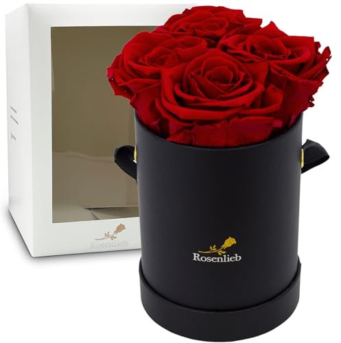 Rosenlieb Rosenbox Schwarz mit 4 Infinity Rosen (3 Jahre haltbar) | Handgefertigte Flowerbox aus Deutschland inkl. Grußkarte | Muttertagsgeschenk (Rot)