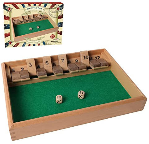 Shut The Box Holzbrett-Würfelspiel - 12 Zahlen Traditionelles Tisch-Mathe-Brettspiel aus Holz mit 2 Würfeln für Kinder & Erwachsene Klassisches Brettspiel Perfekt für Familie, Zuhause oder Kneipe