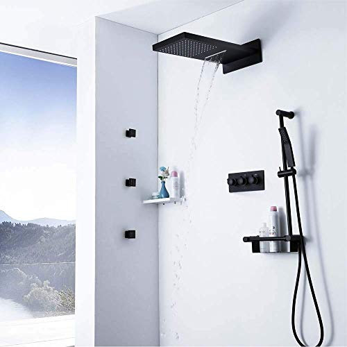 CAZARU Unterputz-Badezimmer-Duschset, schwarz, Regendusche, Messing, Duschventilkörper, 550 mm, Dusche, schön, praktisch