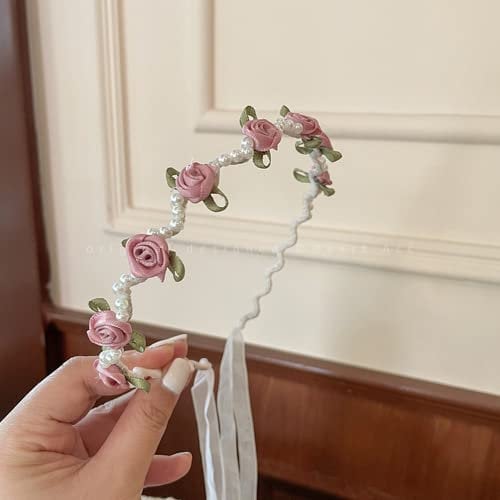 Headband, Hair Accessories for Women Girls, Fashion Flower Girl Headbandswith Tassels Hairband Flower Headwear with Pearl Beads, Pink
