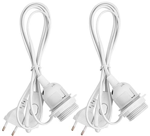 2 Pezzi Porta Lampada E27 con Interruttore, E27 Portalampade a Sospensione con Anello Filettato e Cavo di Alimentazione da 1,8m e EU Spina, Attacco Lampadina con Filo per Soffitto (Bianco)