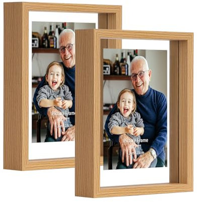 EXYGLO Juego de 2 Marcos de Fotos 13X18 cm Flotantes, Marco de Fotos Doble Cristal, Marco Doble Care para Colgar en la Pared o de pie Sobre la Mesa, Muestra Fotos de Hasta 17x22cm, Color Madera.