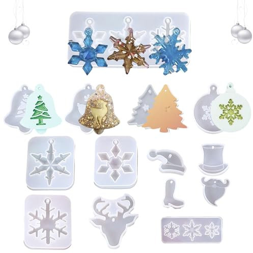WACH AUF 14 Stück Epoxidharz Formen Weihnachten Resin Silikon Formen DIY Schneeflocke Charms Anhänger Gießform Mold Weihnachts Baum Hängeornamente Weihnachtsbaumglocke Elch Resin Formen