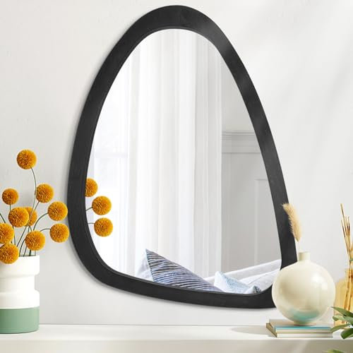 Wooden Asymmetrical Wall Mirror Black Irregular Oval Wood Mirror Unique shaped Decorative Hanging Mirrors for Vanity Living Room Bathroom Bedroom Entryway Modern Artistic