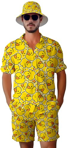 VUGOTU Herren 2-teiliges Trainingsanzug 80er 90er Jahre Outfit Knopfleiste 80er Jahre Hemden und Shorts Sets mit Eimerhüten, Süße gelbe Ente, XX-Large