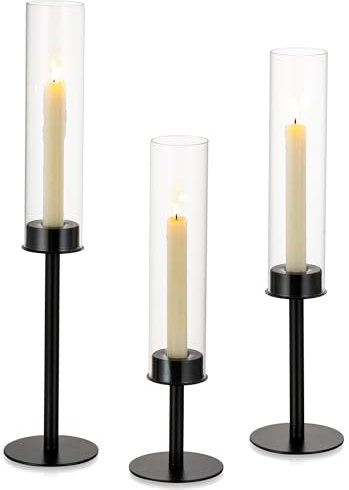 Inweder Schwarze Kerzenhalter für Kerzenständer: Kegel-Kerzenhalter mit abnehmbarem Glas, hoch, schwarz, Kerzenständer, Kerzenständer, langer Halter für Tischdekoration, Zuhause, 3 Stück