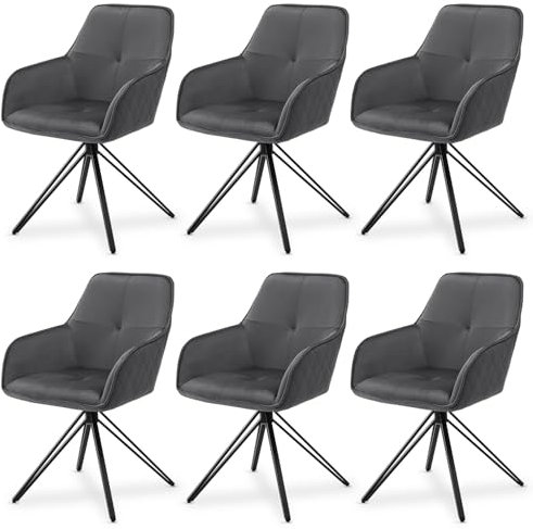 Juskys Drehstuhl Clyde mit Armlehne 6er Set - Esszimmerstuhl modern mit Stoff Bezug - Polsterstuhl Esszimmer - 120 kg belastbar - Stuhl Samt Dunkelgrau