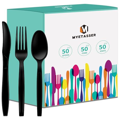 150 Stück Plastikbesteck, Strapazierfähiges Besteck Set aus Kunststoff, Wiederverwendbar, Partyutensilien, Familienfeiern, schwarz 1