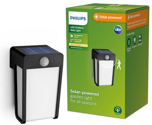 PHILIPS Outdoor Solar Shroud Wandleuchte 2,3W, Tageslicht- und Bewegungssensor, matt, 2700 Kelvin warmweißes Licht, IP44 wetterfest, schwarz, Einzelpack