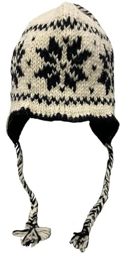 Ximalco Wollmütze, handgestrickt, Unisex, Fleecefutter, Ohrenklappe, Sherpa, Nepal, Weiße Schneeflocke, M/L
