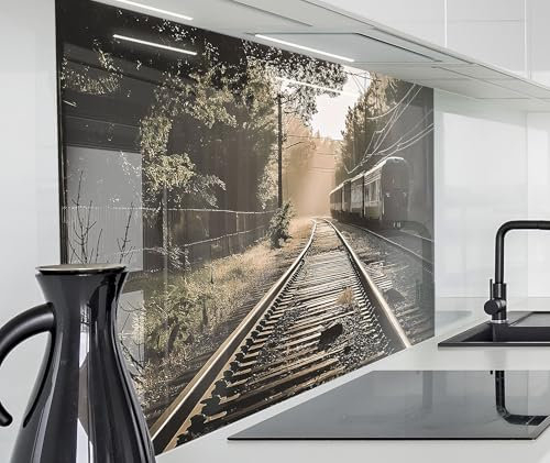 timalo Herd Spritzschutz Wand Spüle, Küche Küchenrückwand Glasoptik | Acryl Glas 2mm | Glasrückwand Acrylglas Küchenpaneele Rückwandschutz Platte | 120x80cm Retro Landschaft Eisenbahn