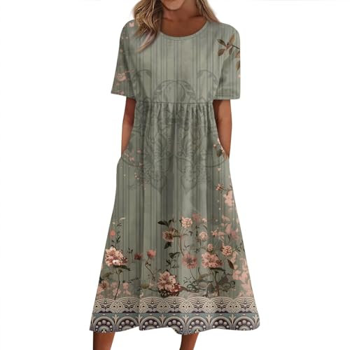 Temu Shop Kleidung Damen Pareos & Strandkleider Für Damen Kleider Damen Sommer Lang Shirtkleider Damen Sommer Blumen Bedruckt Kurzarm Abschlusskleid Mit Taschen Rotes Kleid Damen (Armeegrün, Xl)