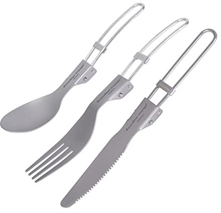 iBasingo Titanium Folding Fork Spoon Knife Camping Cutlery Set Outdoor Travel Picnic Hiking Portable Tableware Small Ultralight Flatware Business Trip Dinnerware with Pouch Ti1122T