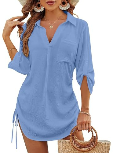 MINTLIMIT Womens Bathing Suit Cover Ups Drawstring Swimsuit Cover Up Bikini Swimwear Beach Dress Shirt with Pocket 2025, S-2XL