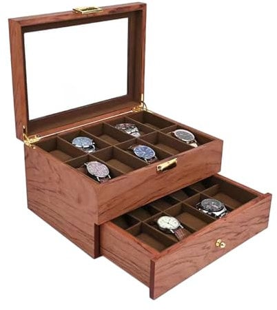 Cutycaty Holz Uhrenbox mit 20 Fächern Echtholz Uhrenkoffer 2 Ebenen, Uhrenbox Herren Uhrenkasten aus Massivholz mit Glasdeckel und Uhrenkissen