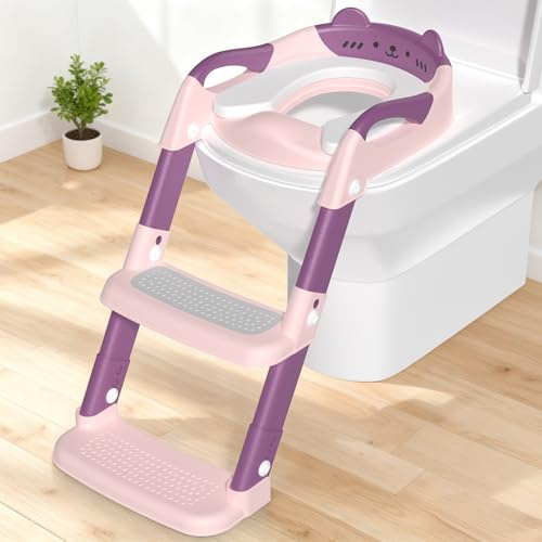 Potty Training Toilet Seat Toddler Toilet Seat with Step Kids Toilets Steps for Toddlers Child Baby Boy Girl Anti Splash Soft Cushion Handle Adjustable Potty Training with Ladder in Bathroom, Pink