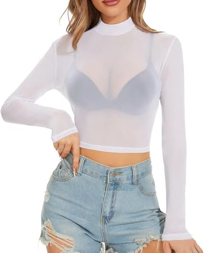 SamHeng Womens Long Sleeve Mesh Crop Top See Through Mock Neck Sheer Blouses Y2K Going Out Tops Club Outfits Shirts Casual Sexy Slim Fit T-Shirt for Party Clubwear(White/L)